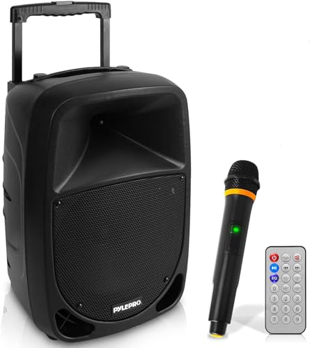PYLE Sistema de Altavoces,PA,1000W,Subwoofer 10”,Bluetooth,Portatil,Recargable,Karaoke,Interiores,Exteriores,MP3/USB/SD,Micrófono inalambrico UHF,Luces indicadoras de bateria LED,Control Remoto,Negro