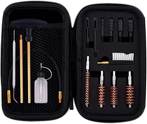 Boosteady Universelles Pistole Reinigungsset Gun Cleaning Kit .22.357.38/9mm.45 Kaliber Pistolen Reinigungsset mit flexiblem beschichtetem Kabel und leerer Flasche in Etui mit Reißverschluss