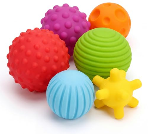 The Magic Toy Shop Baby Sensory Balls Set of 6 - Multi Textured Soft Touch Shapes with Storage Box - Tactile Development, Grasping Practice & Early Infant Learning