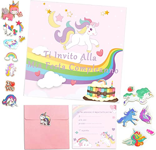 MKISHINE 30 Inviti Compleanno Bambino Originali Unicorno （15 pezzi di biglietti d'invito e 15 buste da lettera） Sei invitato al compleanno e recapiti per conferma partecipazione alla festa