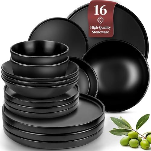16 Piece Black Dinnerware Set for 4, Stoneware Black Plates and Bowls Set