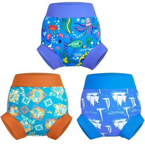 MOEMOE BABY Pannolino da nuoto, Riutilizzabile Costume Contenitivo per Bambini Neonato Neonata,3 pezzi,blu,L/3T/3-4 Anni