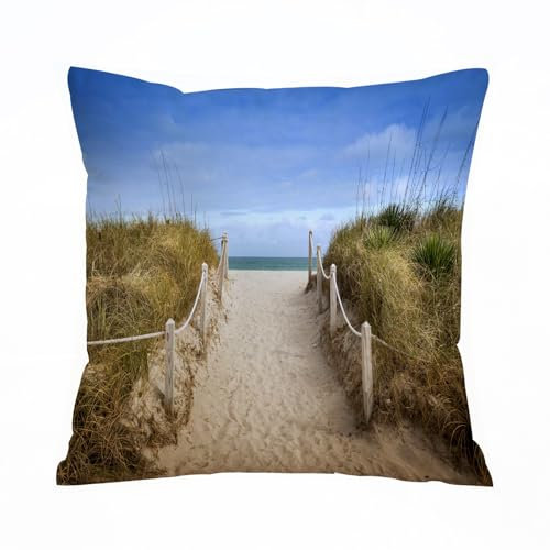 AELKSP Kissenbezug Kissenhülle Haus Dekorativ Für Jungen/Mädchen Wohnzimmer Schlafzimmer Sofa Stuhl Kissenbezüge,Fußweg durch Dünen zum Strand und zum Alten Holzsteg Ostsee Deutschland,40x40 cm