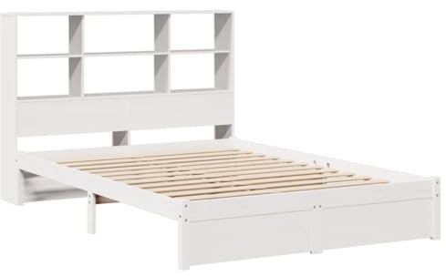 vidaXL Massivholzbett, Bett mit Bücherregal ohne Matratze, Bettgestell mit Lattenrost, Holzbett Doppelbett für Schlafzimmer, Weiß 140x200cm Kiefer