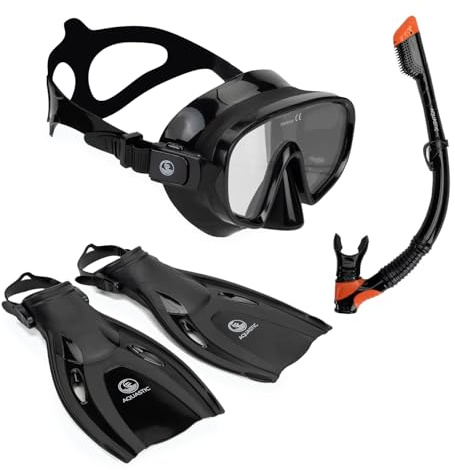 AQUASTIC Set da Snorkeling COVE 3in1 Maschera Tubo Snorkel e Pinne Colore Nero Taglia 38/42 Maschera con Vetro Temperato per Mare e Vacanze e Nuotare Snorkeling Set Impermeabilità e Comfort