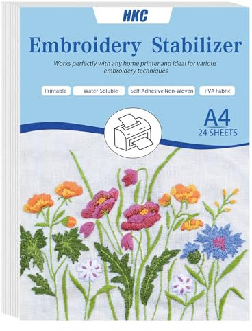 HKC Stickvlies Wasserlöslich Selbstklebend, 24PCS A4 (29.7x21cm) Bedruckbare Stickereipapier für Drucken oder Zeichnen von Mustern, Wasserlösliches Stickvlies für Hand- und Maschinenstickerei