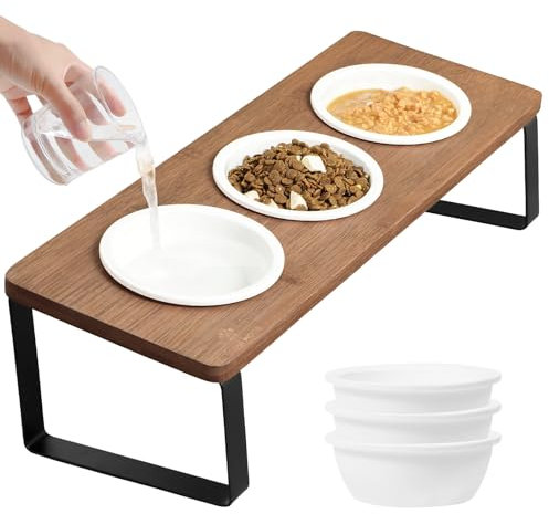GUUSII HOME Rialzate Ciotole Per Gatti Ergonomic Ceramica Set di Ciotole Inclinate Per Con 6 Piatti Mangiatoia in Legno Per Animali Domestici Anti Vomito Facile da Montare(Marrone)