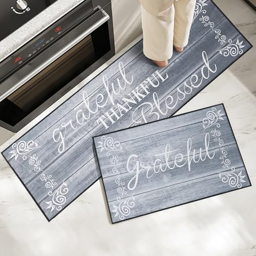 OPLERT Juego de alfombras de Cocina, Alfombrillas de Cocina Antideslizantes y Lavables, Juego de 2 Alfombrillas de Cocina antifatiga, para la decoración del hogar y la Oficina,Gris,43x75+43x120cm