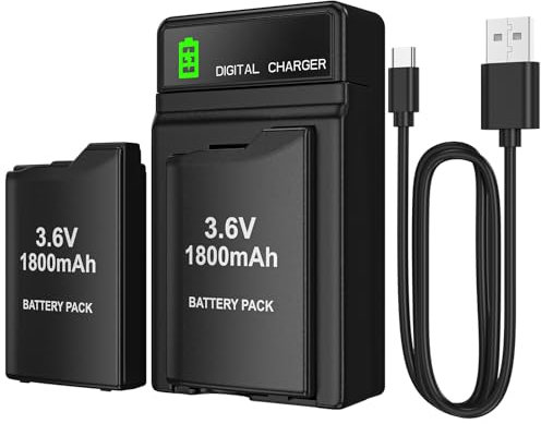 BSSING PSP Battery and Charger, 2Pcs 1800mAh 3.6v Lithium Polymer Replacement Rechargeable Batteries with LED Charging Station for PSP 1000 1001, PSP-110, PSP Fat Console