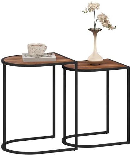 HOMCOM 2er-Set Couchtisch, Eckiger Beistelltisch, Kaffeetisch mit Stahlgestell, Sofatisch stapelbar, für Wohnzimmer, bis 20 kg Belastbar, Braun+Schwarz