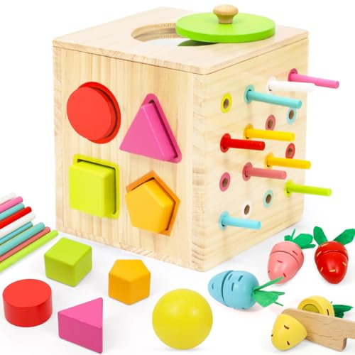 Juguetes Montessori para Niños 1 2 3 Años, 6 En 1 Juguete de Madera Bebé, Juegos Educativos con Pelotas, Zanahorias y Monedas, Juguete de Clasificación Habilidades,Regalos para Cumpleaños Niño Niña
