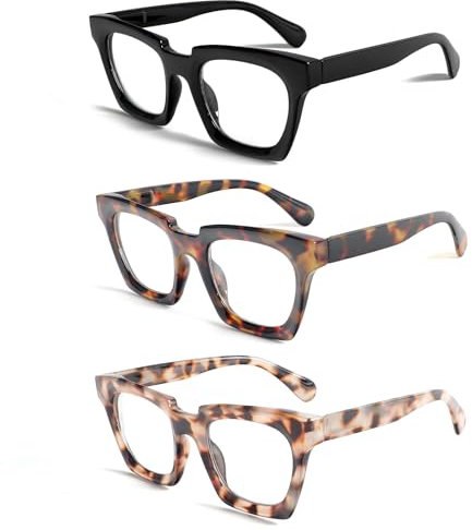 KoKoBin 3 confezioni di occhiali da lettura stile Oprah per donne e uomini anti luce blu occhiali quadrati di moda (3 Pack, 1.5, x)