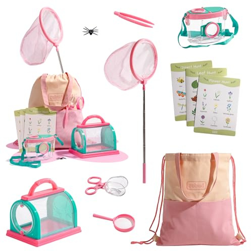 ROBUD Kit esploratore all'aperto per bambini, set avventura cattura insetti con rete a farfalla, lente d'ingrandimento, binocolo per bambini, contenitore per insetti, borsa per il trasporto