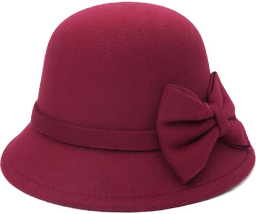 YeeHeen Chapeau cloche en feutre vintage Fedora pour femme, rouge vin, Taille unique