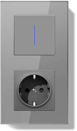 BSEEDLIFE Enchufe con Interruptor,Interruptor Pared Conmutador Empotrado con Marco de Cristal con LED Indicador,1 Gang 1 Vía,Fácil Instalación Diseño de Gancho de Garra 157 * 86mm Gris