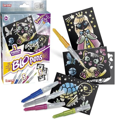 Lansay | BLOPENS SET METALIZADO | Kit creativo infantil con 5 rotuladores soplables metálicos + plantillas + hojas negras | Efecto aerógrafo mágico | Dibujo brillante desde 5 años