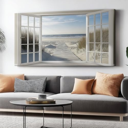 Genérico Cuadro sobre Lienzo 100 x 70 cm, Sencillo Vista Al Mar Ventanas Impresión en material tejido no tejido cuadros, Dormitorio Cocina Cuadros Pared Azul Blanco Wall Art Prints, Sin marco