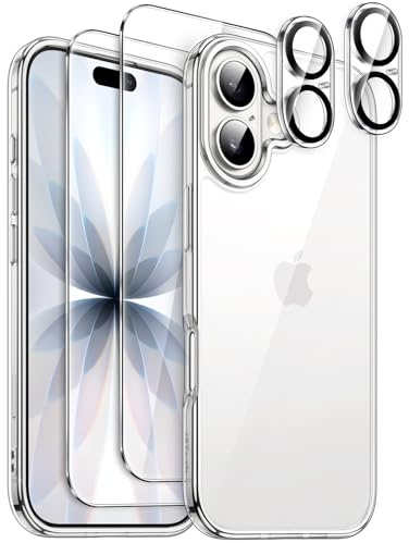 JETech 5 in 1 Cover per iPhone 17 6,3 Pollici con 2 Vetro Temperato Pellicola Protettiva e 2 Lente Fotocamera Protezione, Anti Ingiallimento Antiurto Cellulare Custodia (Trasparente)