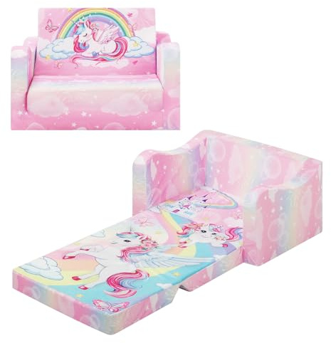 alldomess Comfy Kids Couch, 2-in-1 Folding Kids Sofa Bed for Toddler Girls, Convertible Sofa to Lounger Toddler Couch Chair for Baby Bedroom Playroom Nursery,Unicorn Rainbow