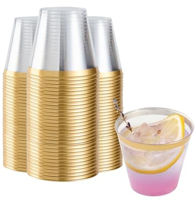 Restaurantware Party Cups 5 oz Pack of 20 Clear Plastic Cups with Gold Rim Disposable, Durable Plastic Glasses Cold Food-Friendly Tumblers for Cocktails at Birthday Parties, Pool Parties