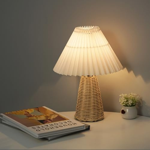 PUSOKEI Vintage Plisserad Rottingbordslampa, Mjukt Varmt Ljus för Sovrumsinredning, LED-bordslampa för Nattläsning eller Avkoppling, Skandinavisk Stil för Modern Inredning