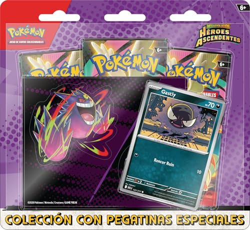 Pokémon: Colección con Pegatinas Especiales de Megaevolución-Héroes Ascendentes: Gastly (1 Carta holográfica de promoción y 3 Sobres de Mejora)