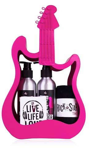 Set de regalo Accentra ROCKSTAR, set de cuidado personal en forma de guitarra metálica rosa con gel de ducha, champú, jabón y toalla, una idea de regalo especial y rockera para un cumpleaños