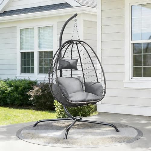 ALAULM Foldable Egg Chair with Stand, 485LBS Capacity Wicker Rattan Hammock Swing Chair for Outdoor & Indoor, Hanging Chair with Strong Frame & UV Resistant Cushion for Balcony, Bedroom, Light Gray