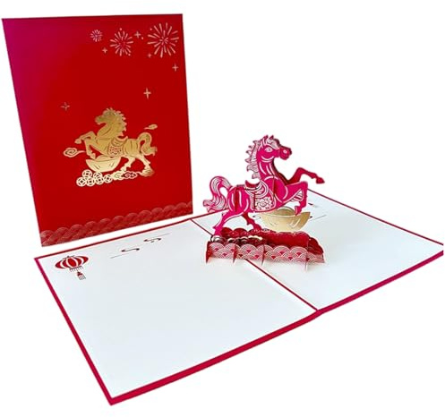 Tarjetas de Año Nuevo Chino, 2026 Caballo Decoraciones de Año Nuevo Lunar Lámina Dorada Fortuna y Suerte Tarjetas de Felicitación en Blanco 3D para Mujeres, Hombres, Niños, 6x8 pulgadas, 2026