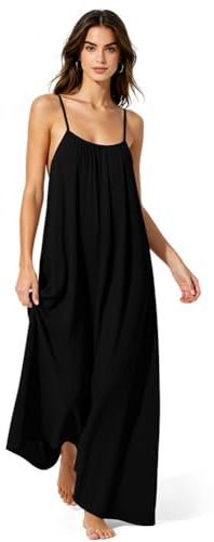 Adiwo Dam rygglös cami-linne rygglös ärmlös sommarklänning bohemisk chic sommarklänning spaghettiband lång ledig för strandfest semester, svart, M