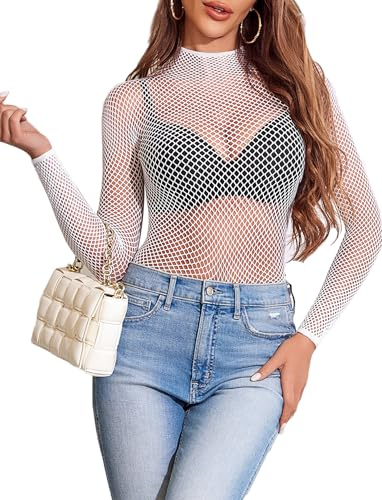 Avidlove Haut en Résille pour Femme Blouse Sexy Transparente à Manches Longues en Dentelle col Montant Tenue de Festival Rave Chemise de Soirée Blanc M