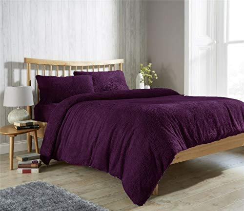 TEDDY BEAR FUR SHERPA FLEECE DUVET COVER, FITTED SHEET & PILLOWCASE BEDDING BED LINEN SET (Purple, Double Fitted Sheet)