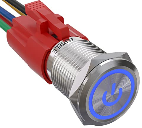 APIELE Interruttore a pressione da 16 mm, 12 VDC 5 A, in acciaio inox con simbolo di alimentazione a LED, impermeabile, interruttore a pulsante con spina precablata, per auto, camion, barca,