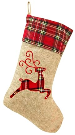 SHATCHI 45cm Large Reindeer Xmas Stocking, Burlap Hessian Linen Hanging Christmas Sack Sock with Festive Printed Design, Reusable Fireplace Stocking for Sweets, Toys and Holiday Home Decorations