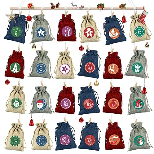 24 adventskalender, att fylla, julkalender, tryckt tygpåse, adventskalender, påsar, återanvändbara, julkalender, jutepåse (flerfärgad)