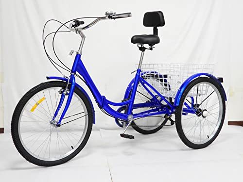 RibasuBB Dreirad für Erwachsene, 24 Zoll 7 Gang 3 Rad Senioren Fahrrad Tricycle mit Korb, Dreirädriges Cruiser-Fahrrad für Erholung, Einkaufen, Picknicks, Blau