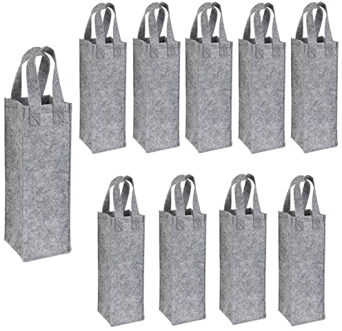 Preiswert&Gut 10x Filztasche für Weinflaschen 29,5 x 10,5 x 10,5 cm – Weintasche Grau mit 2 Henkeln aus Filz als Geschenktüten für Weingeschenk beim Rotwein an Weihnachten oder Hochzeit