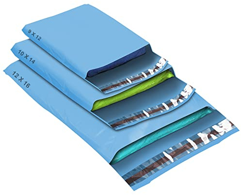 50 Mixed Size Blue Mailing Bags, Self Seal Strong Waterproof Poly Plastic Envelopes for Parcels, Packaging, Small, Medium, Large Mail, Shipping Courier Delivery Bags 3 Sizes, Blue