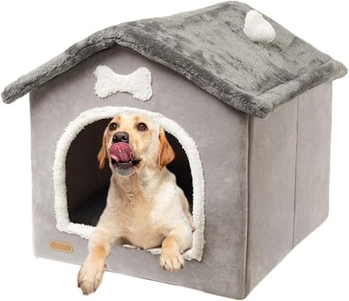 Foldable Dog House Kennel Bed | Enclosed Warm Plush Sleeping Nest Bed with Removable Cushion | Plush Pet House Dog Cat Kennel with Removable Cushion Suitable for Small and Medium-Sized Dogs