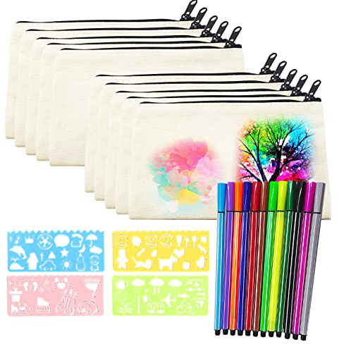 OCCOUMR 10 Stück Leinwand Federmäppchen zum Bemalen, DIY Blanko Stoffbeutel Stoffbeutel Reißverschluss, mit 12 Farbigen Stiften und 4 Zeichenvorlagen, für Basteln Kindergeburtstag Kosmetiktasche1