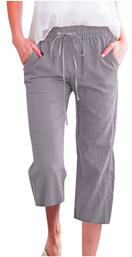 oglccg Womens Capris Trousers 3/4 Pants Cotton Linen Elastic High Waist Cropped Drawstring Summer Autumn Solid Color Pockets Loose Straight Wide Leg Outdoor Plus Size 8-18 Gray XL