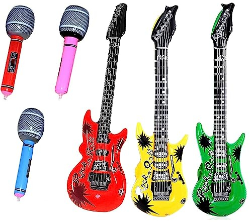 Aufblasbare Gitarre und Mikrofone Set - 6 Stück Bunte Instrumente Zum Feiern Des Karnevals - 3 Gitarren, 3 Mikrofone