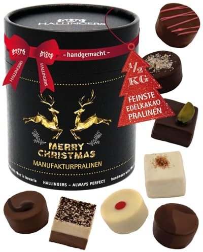 Hallingers Genuss Manufaktur Pralinen Geschenk Weihnachten – ohne Alkohol, handgemacht aus Premium Edelkakao, edle Geschenkdose Merry Chistmas XXL, Geschenkidee für Frauen & Männer zur Weihnacht
