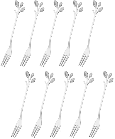 QUARKZMAN 10pz Acciaio Inossidabile Foglia Antipasto Forchetta 4,8 Pollici Servizio Dolci Forchetta Cocktail Scegli Mini Torta Frutta Forchetta per Home Festa, Argento