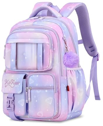 Tanou Sac a Dos Fille Sac d'école Fille, Respirant Cartable Primaire Fille de 7 à 10 ans, Imperméable en Nylon Sacs Scolaires pour Enfants avec Pendentif, Violet