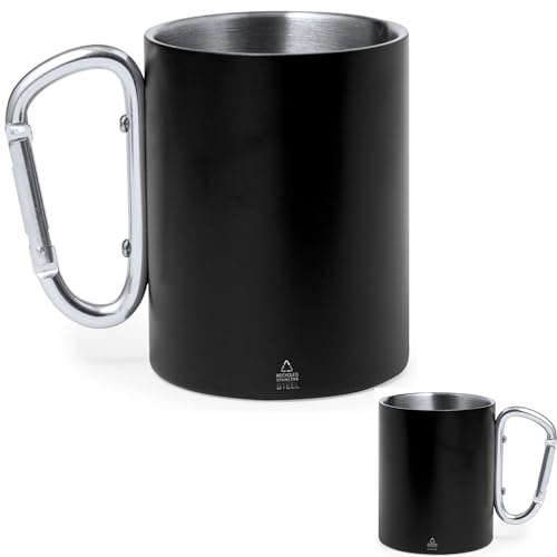 noTrash2003 2er Set Doppelwandiger Edelstahl Thermobecher Isolierbecher 300 mL aus Recycling Edelstahl mit Karabinerhaken Befestigung am Rucksack Camping Hiking Outdoor (Schwarz)