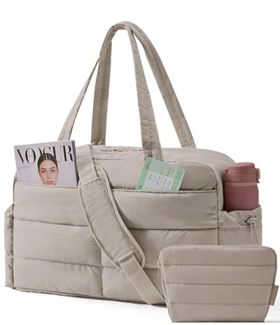BAGSMART Gym Bag for Women, Lightweight Puffer Duffle Bag 2-PC Travel Bag, 31L Weekender Overnight Bag Quilted Carry On Tote Bag, Diaper Hospital Dance bag for Travel, Gym, Water Resistant, Camel