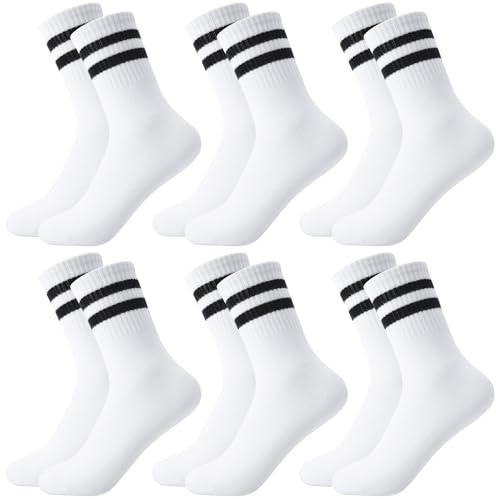 Meng Jiaran 6 Pairs Mens Socks, Breathable Striped Crew Socks, Breathable White Cotton Sports Sock Athletic Running Sock for Men and Women UK 9-11
