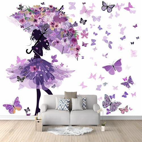 3D Tapisserie Intissé Murales Motif Floral Fille Papillon Violet 200x140 cm, Décoration Murale pour Salon Chambre Enfant