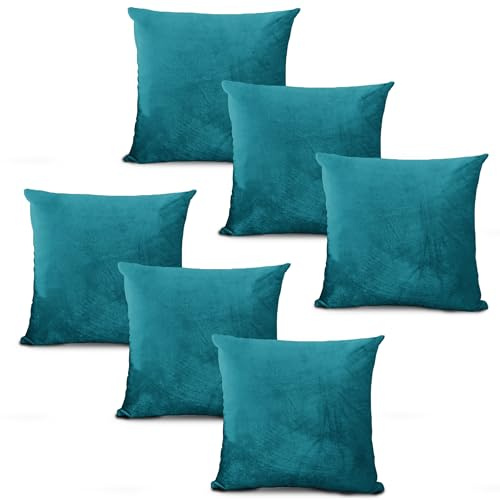 Hafaa Velvet Cushions with Covers Included Sets 12 (6 Teal Cushion Covers, 6 Cushion Inserts 45cm x 45cm) Luxury Decorative Fluffy Square Throw Pillow Case Sofa Cushion with Invisible Zipper